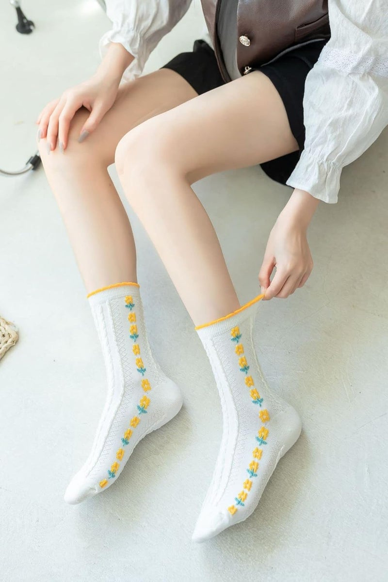 MarJunSep Cute Floral Crew Socks for Women Teen Girls Flower Cottagecore Frilly Vintage Fancy Cotton Socks - Image 2